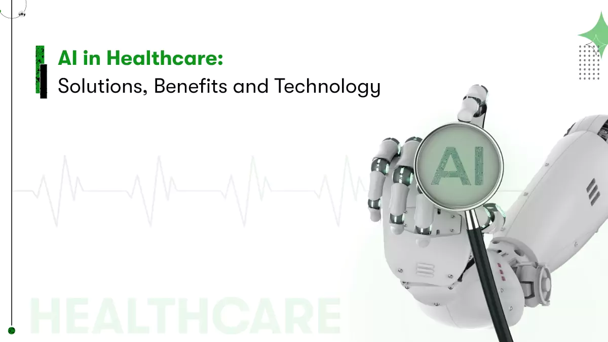 This is the title image for the blog artificial intelligence in healthcare - Solutions, Benefits and Technology. The image shows a stethoscope with AI written in it.