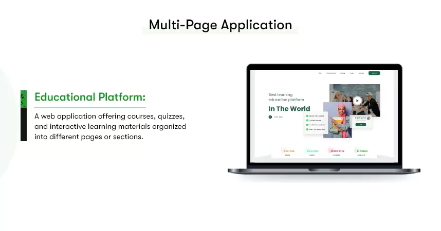 The image shows an example of a multi-page web application. It has an image of a laptop screen showing the interface of a elearning or educational platform.

The adjacent text states: 'Educational platform: A web application offering courses, quizzes, and interactive learning materials organized into different pages or sections.'
