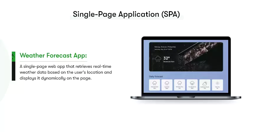 The image shows an example of a single page web application. It has an image of a laptop screen showing the interface of a weather forecast app.

The adjacent text states: 'Weather forecast app: A single-page web app that retrieves real-time weather data based on the user's location and displays it dynamically on the page.'