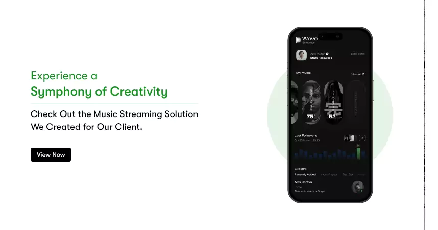 The text reads experience a symphony of creativity. Check out the music streaming solutions we created for our client. It also displays a interface of the application.

Clicking on this image will take you to the portfolio page for this music streaming application.