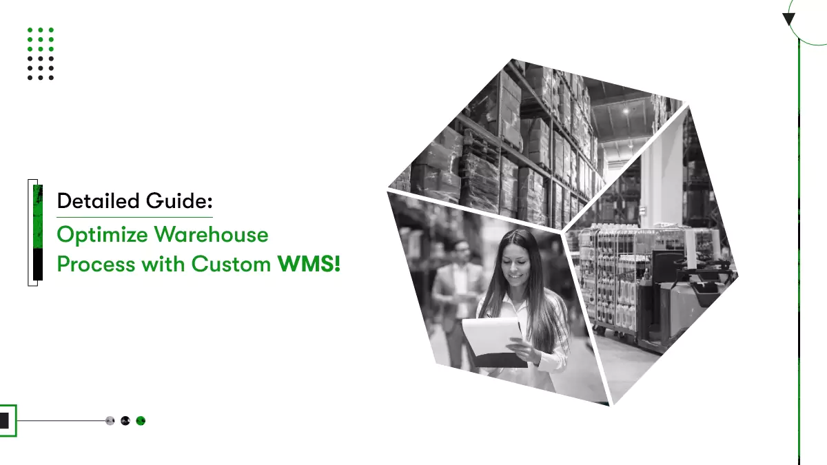 This is the title image. The image shows a logistics package with three different warehouse images in it. The text in the image says - 'Detailed guide: Optimize Warehouse Process with Custom WMS'