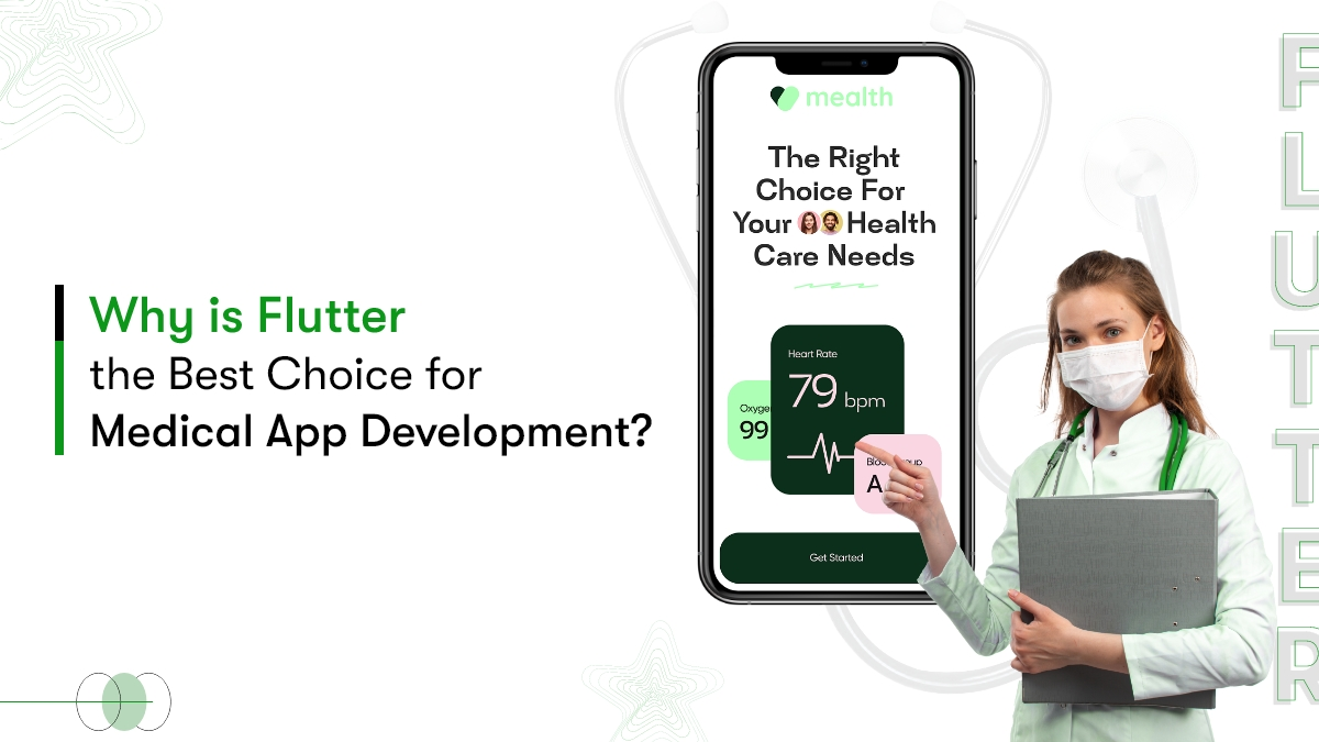 The title image which shows interface of a medical app with a nurse. The text reads 'Why flutter is the best choice for medical app development'