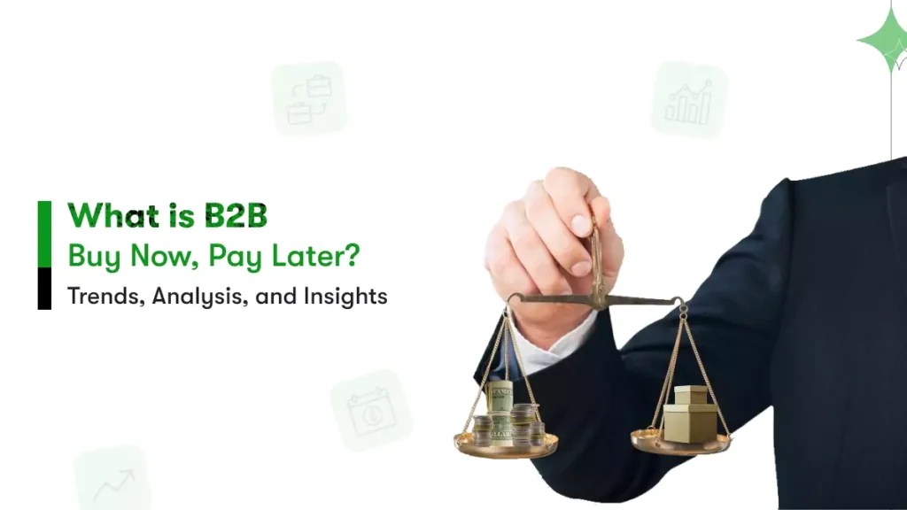 The blog title image has the image of business person balancing between money and good bought, portraying effective cashflow managemnet with B2B BNPL solution.